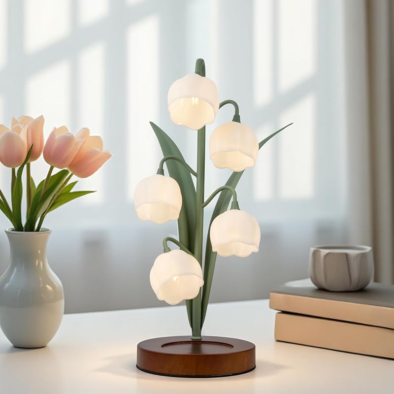 Vintage Green Flower Desk Lamp with LED Tulip Design for Bedroom Decor