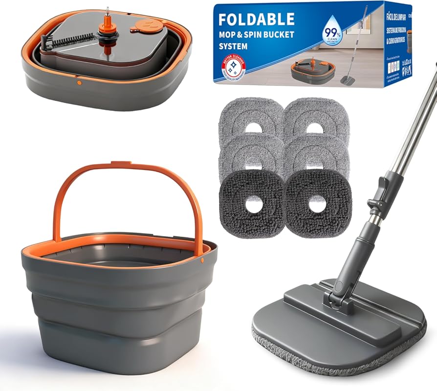 Collapsible Durable Spin Mop and Bucket Set with Separate Clean and Di