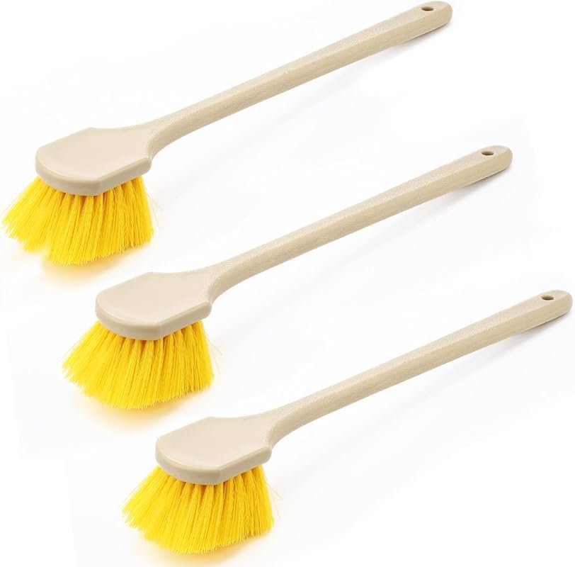 20-Inch Long Handle Acid Scrub Brush Set, 3-Pack for Wheels, Concrete,