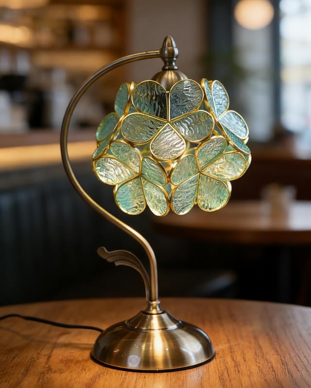 Tiffany Style Flower Table Lamp, Vintage Cherry Blossom Stained Glass