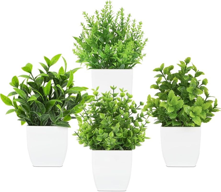 4 Pack Mini Potted Artificial Plants - Ideal for Desk, Bathroom, and H