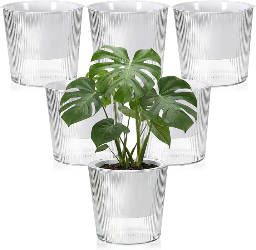 6 Pack Self Watering Pots for Indoor Plants Plastic Vertical Ribbed Se