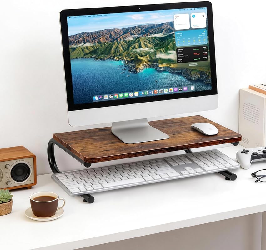 Wood and metal monitor riser for desk, multi-use stand for monitors, l