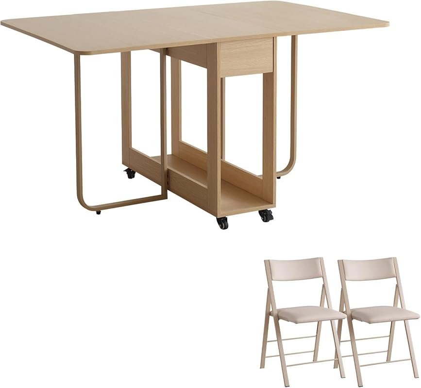 Drop Leaf Folding Dining Table with Extra Storage and 2 Padded Folding Chairs